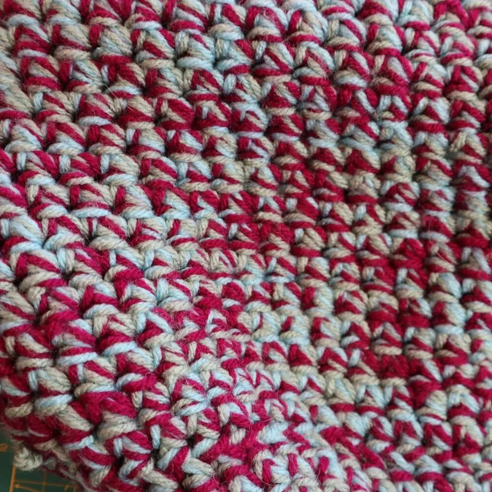 Handmade Knit Basket Bag With Handles‎ Burgundy Teal Yarn Boho Granny Cottage